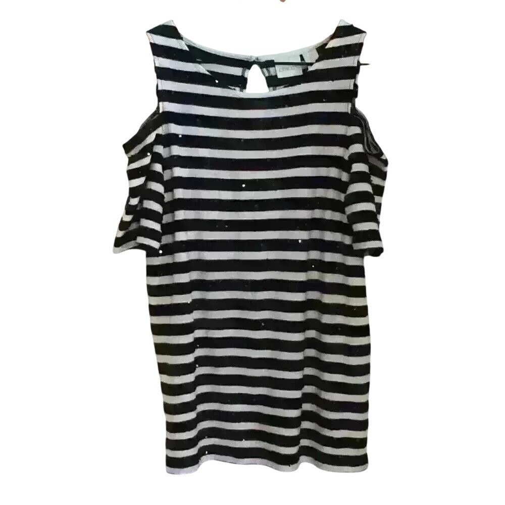 Chicos Womens Sequin Striped Cold Shoulder Knit Top Size 0/S Black White Glam